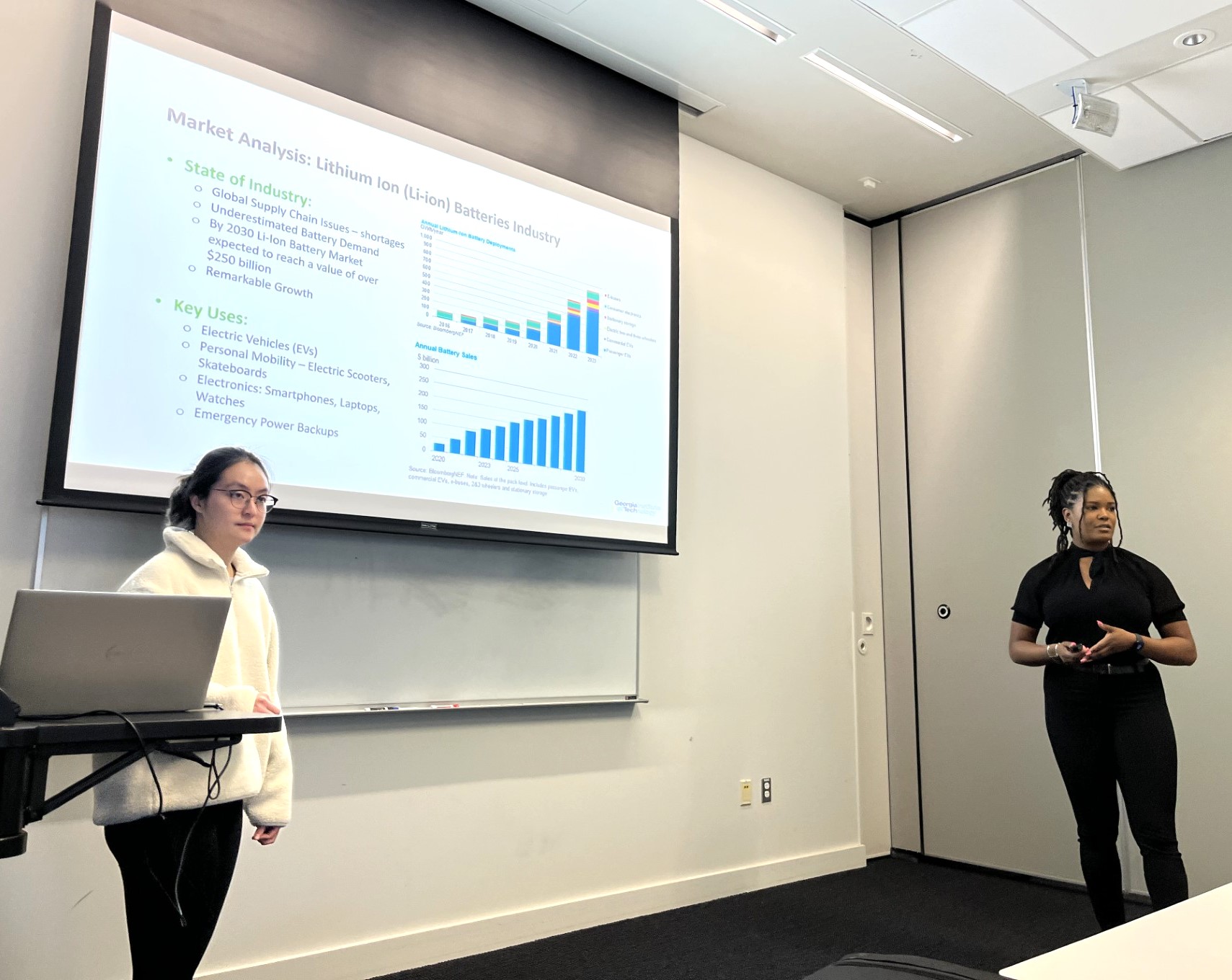 Entrepreneurship Assistants (EAs) from the Spring 2024 Cohort, Hui Min Tee and Analisa Wade, presenting their assessment results on the Georgia Tech's novel lithium-ion battery recycling technology.