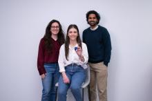 Stridelink Founders From left to right, Stridelink Founders Cassandra McIltrot , Marzeah “Zea” Khorramabadi, and Neel Narvekar. Khorramabadi is holding one of their sensors, a device like a watch.